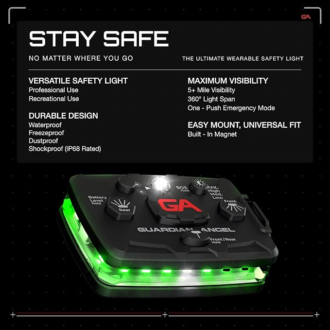 Guardian Angel Elite Series Safety Light, Beacon Device (Green Front & Green Rear) Rechargeable, Magnetic, Hands-Free Wearable, Mountable LED Light for Construction, Roadside, Towing, Industrial TEE