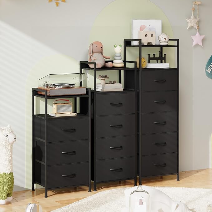Somdot Nightstand with 3 Drawers, Dresser with Fabric Bins for Bedroom, Hallway, Entryway, Night Stand Bedside Table Furniture, Sturdy Steel Frame, Wooden Top, Easy Pull Fabric Bins, Black