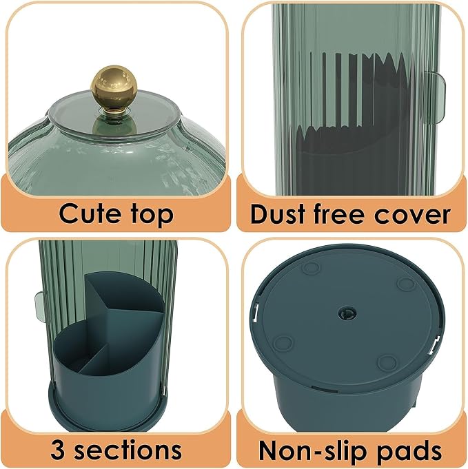 Toothbrush and Toothpaste Holders with Cover, All Green | Waterproof and Dustproof, 360° Rotating Base, Smooth Sliding Door, 3 Slots, for Bathroom Countertop