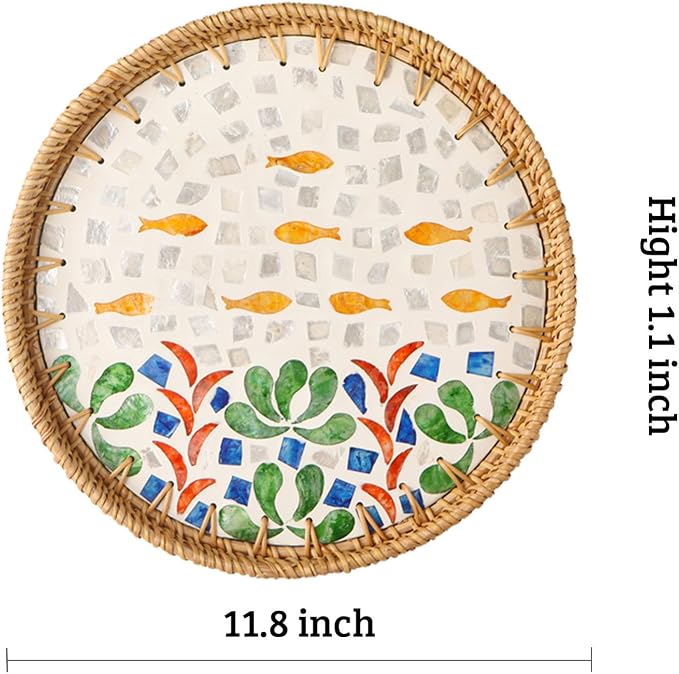 Round Rattan Tray with Mother of Pearl Inlay, Decorative Wicker Serving Tray with Wooden Base, Woven Basket Trays for Bread Fruits Coffee