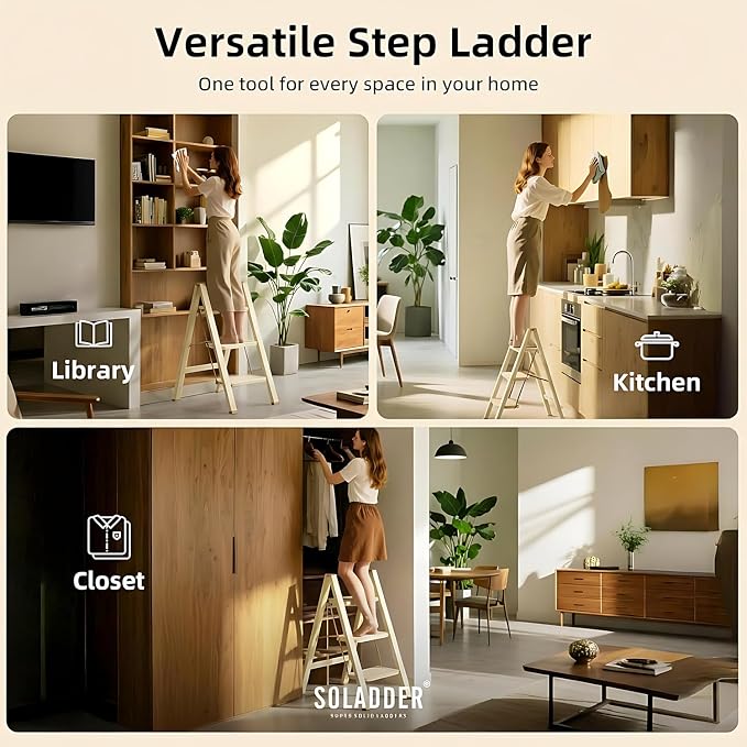 SOLADDER 3 Step Ladder, Anti-Slip and Lightweight Foldable Step Stool for Adults to Use in Kitchen, Closet and Library, 300lbs(Cream Chocalate)