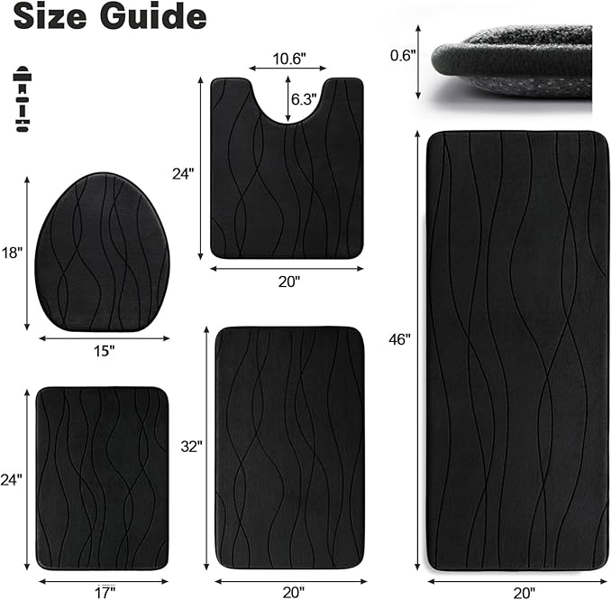 YIHOUSE Memory Foam Bathroom Rug Sets, Black, 5 Piece | Ultra Soft, Absorbent, Non-Slip, Machine Washable