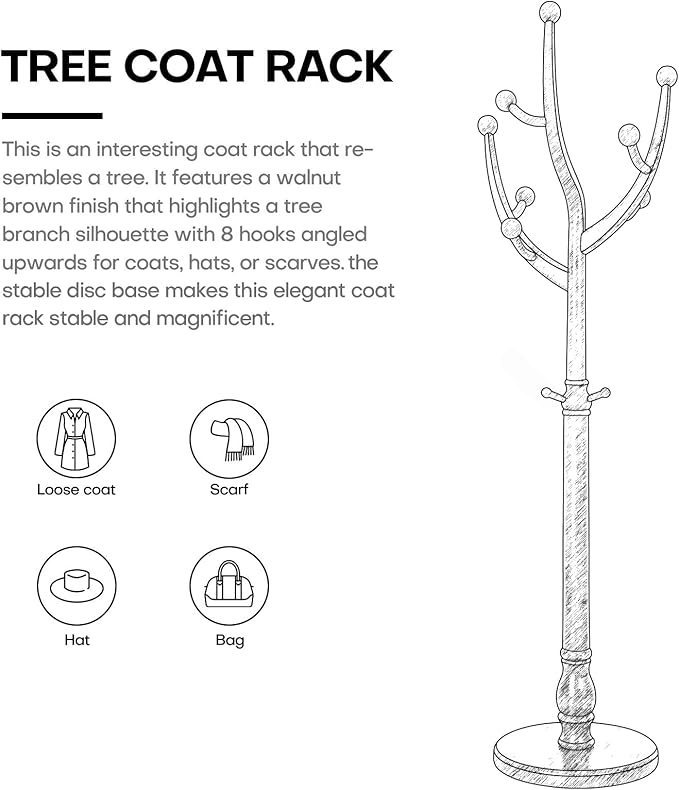 Bekrvio Coat Rack Freestanding Coat Tree with Sturdy Round Base, Unique Coat Hanger Stand, Heavy Duty Standing Coat Rack Clothes Stand for Winter Jacket, Hat, Entryway/Hallway/Bedroom, Walnut