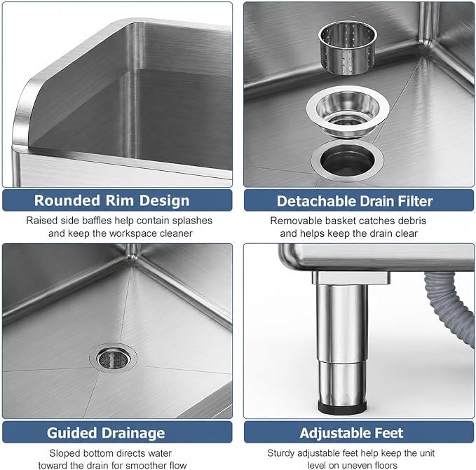 Stainless Steel Mop Sink, Freestanding Utility Basin with High Baffle, Drain Filter Basket and Adjustable Feet, Floor Mount Service Sink for Laundry Room, Garage, Restaurant, 17.7 x 16.1 x 21.7 in