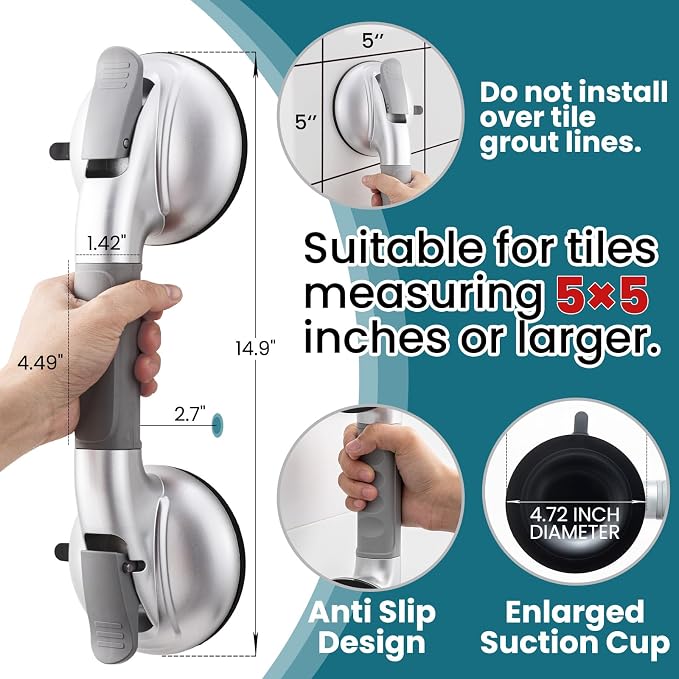 TAILI Grab Bars for Bathtubs and Showers, Shower Handles for Elderly Suction,Maximum 330lbs,Shower Grab Bar with Upgraded Rubber Suction Cups Safety Grip for Senior,No Drilling Removable,Silver