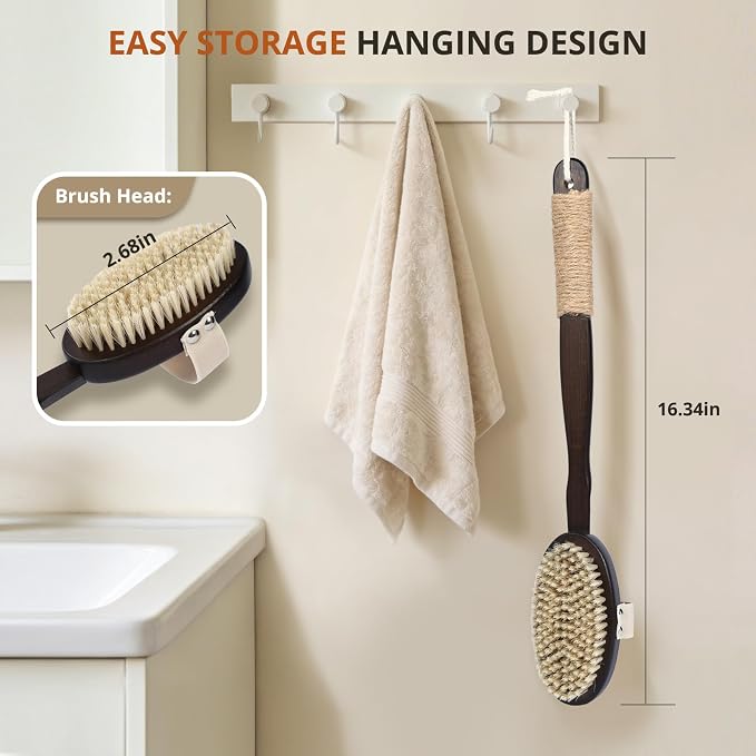 Dry & Wet Brushing Body Brush, Natural Boar Bristle Back Scrubber for Shower with Detachable Handle, Exfoliating Brush for Lymphatic Drainage, Improved Circulation & Smooth Skin
