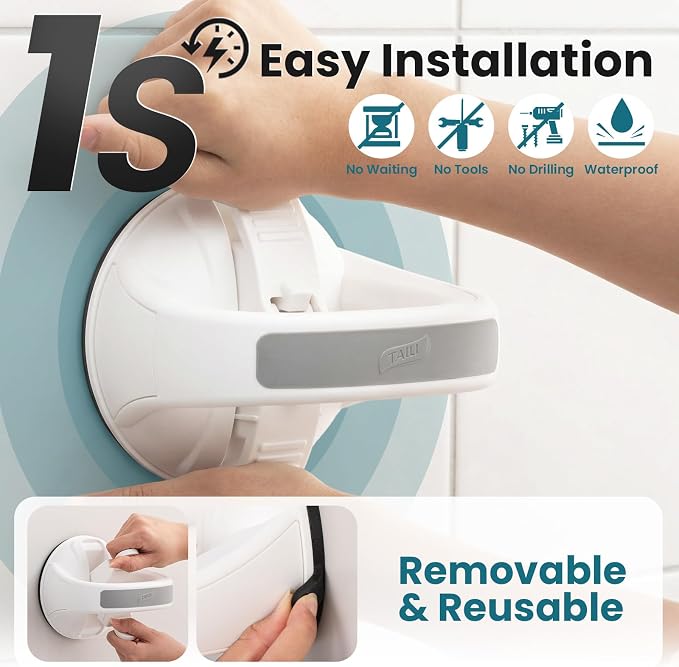 TAILI Grab Bars for Bathtubs and Showers,2 Pack Shower Handles for Elderly Suction,Shower Bar with Upgraded Rubber Suction Cups,Safety Grip for Senior, No Drilling Removable Waterproof, Grey