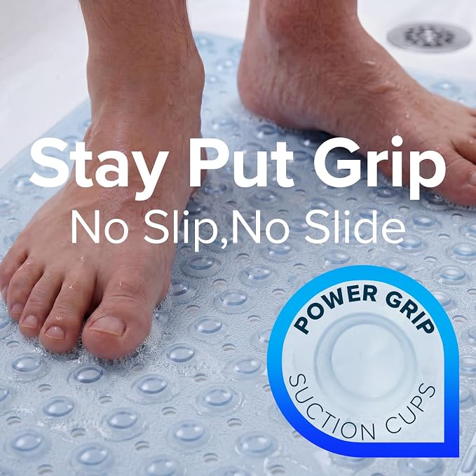 SlipX Solutions Power Grip Extra Long Bath Tub & Shower Mat 39x16, Wet Floor Non-Slip for Elderly & Kids Bathroom, 30% Longer Bathtub Mats, 200 Suction Cups, Drain Holes (1, Clear)