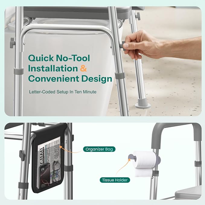 HOMEAL Seat Riser for Seniors with Bucket, Adjustable Raised Toilet Seat with Handles, Supports 450LBS, Heavy-Duty 3in1 Bedside Commode Chair for Any Toilet, Shower & Bedside (Grey, with Bucket)