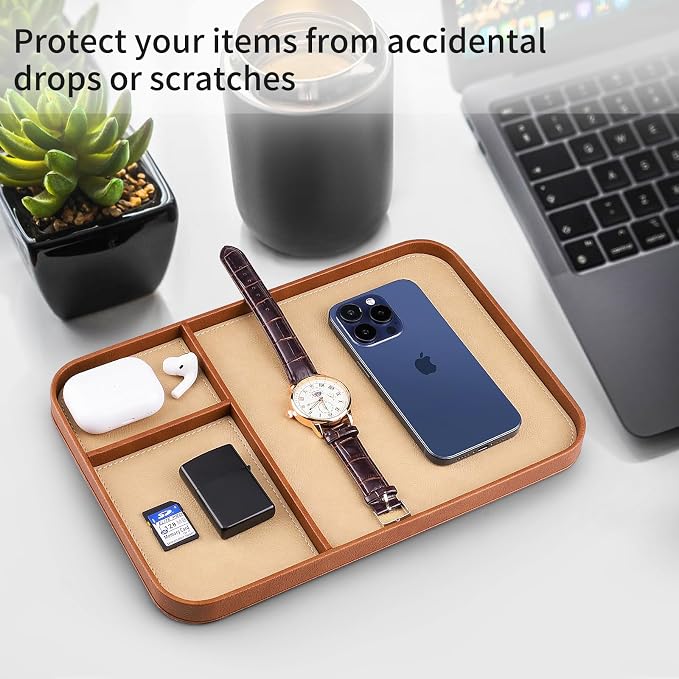 SENEN Leather Tray, Stylish and Organized Multifunctional Tray, for Table Entryway, Premium PU Leather, Catchall Tray for Keys, Watch, Wallet, Jewelry, and More (Brown Frame)