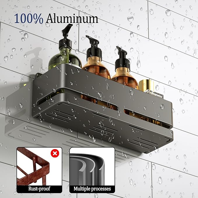 Shower Caddy, 2-Pack Shower Shelf, Heavy-Duty Bathroom Storage Shelf, Large Capacity No-Drill Bathroom Organizer, Gray Metal Storage Basket, Adhesive Installation