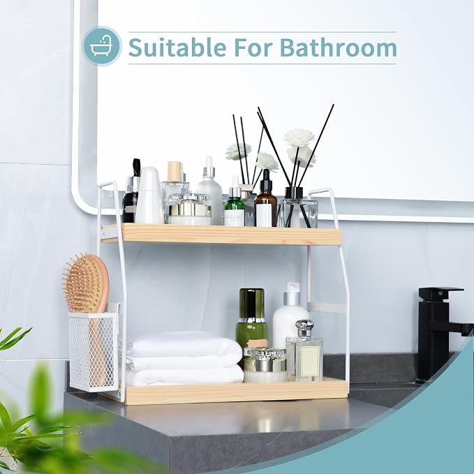 Bathroom Counter Organizer, 2-Tier Standing Storage Shelf with Basket, Wood Tray for Skincare Vanity Organizer(White)