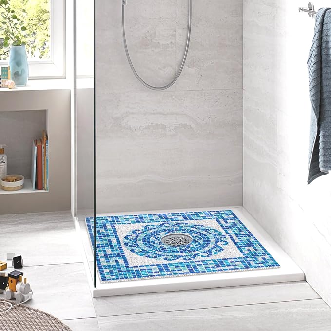Square Shower Mat Non Slip: 27 x 27 Inch Large Shower Mats with Drain Hole in Middle - PVC Loofah Anti Slip Shower Floor Matt for Inside Shower