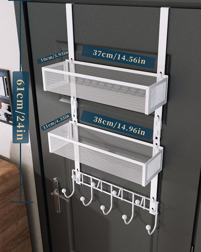 Consumest Over The Door Hooks Organizer - 3 Tier Door Hanger with 9 Coat Hooks & 2 Mesh Basket, Back Storage Organizer Hanging Towels for Bathroom, Bedroom, White