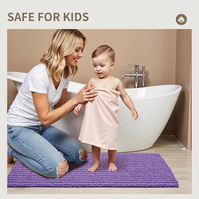 Bathroom Rugs Non Slip Washable 70x24, Extra Thick Soft Chenille Absorbent Bath Mat, High Density Barrier Non Slip Backing, Quick Dry Plush Shaggy Floor Carpet for Tub&Shower, Purple