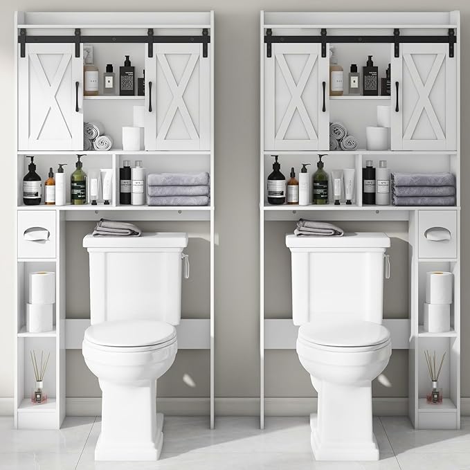 Vabches Over The Toilet Storage Cabinet, Farmhouse Storage Cabinet Over Toilet with Sliding Doors，Home Space-Saving Toilet Rack, for Bathroom, Restroom, Laundry