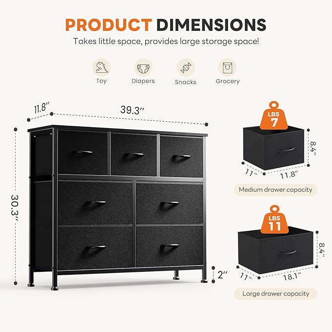 Sweetcrispy 7 Drawer Dresser with Fabric Bins Fabric Storage Tower Organizer for Bedroom Closet Hallway Entryway Tall Chest of Drawers with Steel Frame Wood Top Easy Pull Handles,Black