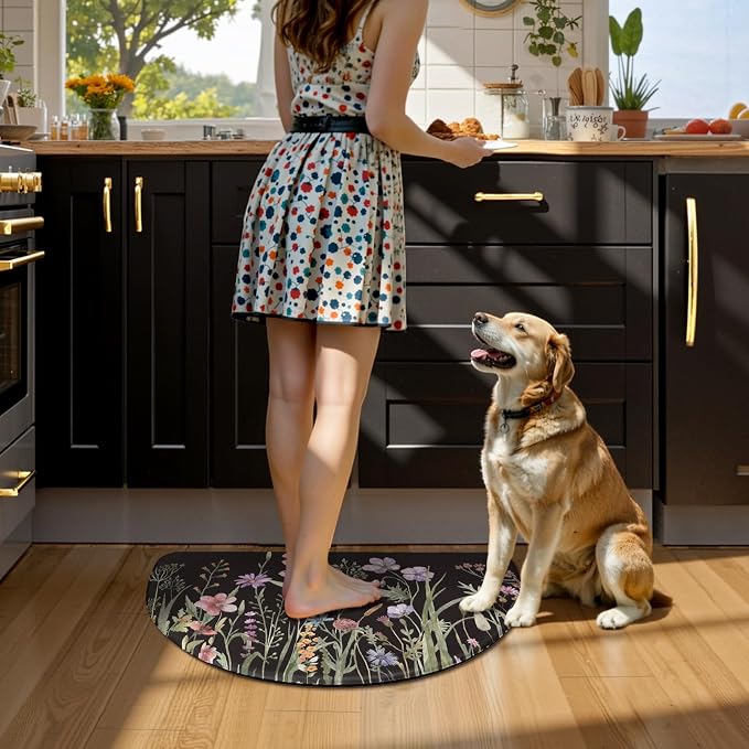 KIMODE Kitchen Mats Cushioned Anti Fatigue, 18"x28" Half Round Floral Kitchen Rug, Non Slip Waterproof Kitchen Floor Mats, Comfort Standing Mats for Laundry Office Sink Desk Black