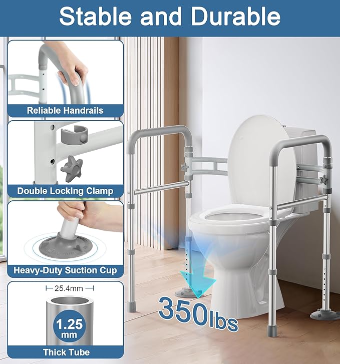 HOMLAND Toilet Safety Rails for Seniors, Adjustable Height & Width 350lb Toilet Handles for Elderly and Disabled, Foldable Toilet Safety Frame, Fit Any Toilet