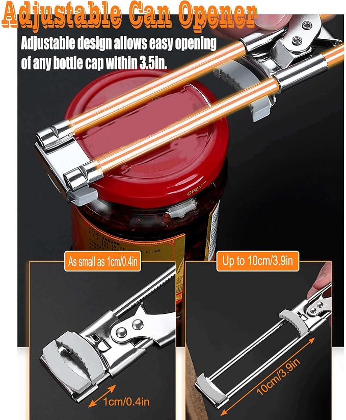 2023 New Adjustable Stainless Steel Can Opener,Upgrade the Extension of the Bottle Opener with Non-Slip Pad,Jar Opener for Weak Hands，Longer Hand Can Opener for Any-Size Lids (1 Pcs, 9in)