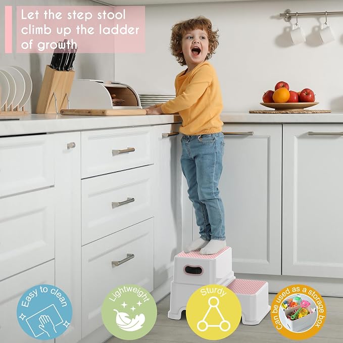 Victostar 2 Step Stool for Kids, Anti-Slip Sturdy Toddler Two Step Stool for Toilet Potty Training, Bathroom,Kitchen (Pink)