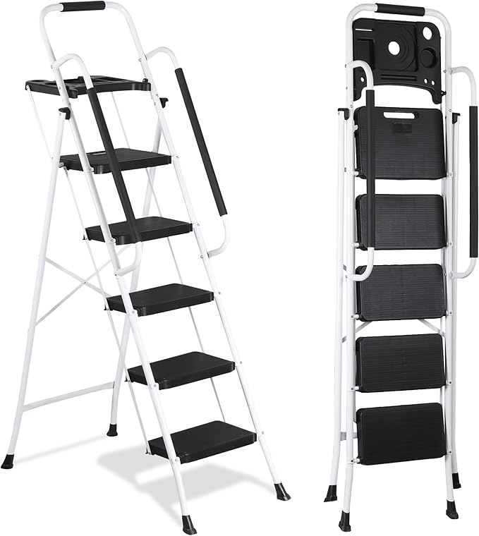 ZENY 5 Step Ladder, Step Stool Foldable with Anti-Slip Pedal & Comfortable Handrail, Sturdy Steel Ladder, Protable Heavy Duty Step Stool for Kitchen, Garage & Outdoor Use (White)