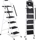 ZENY 5 Step Ladder, Step Stool Foldable with Anti-Slip Pedal & Comfortable Handrail, Sturdy Steel Ladder, Protable Heavy Duty Step Stool for Kitchen, Garage & Outdoor Use (White)