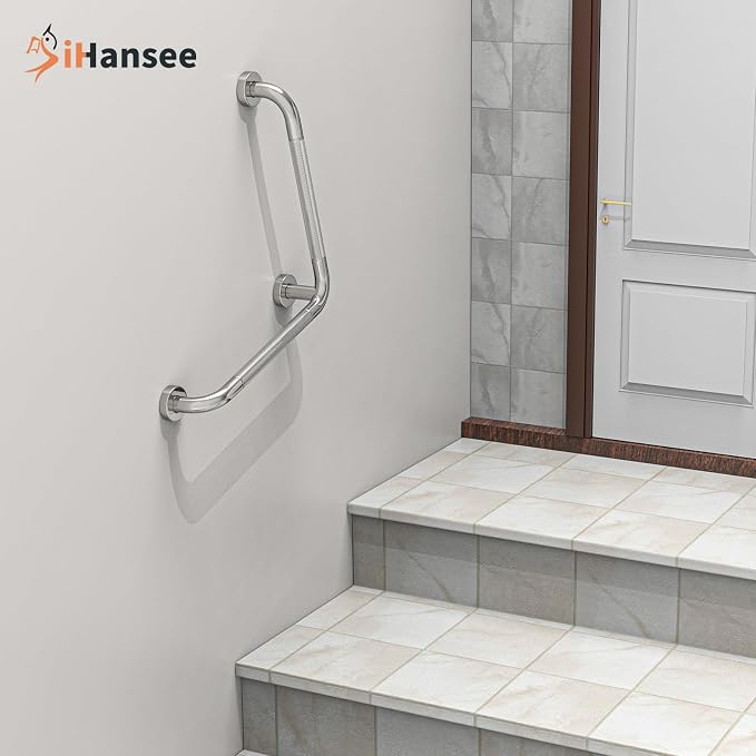 L-Shaped Angled Grab Bar 16x16 Inch Chrome Anti-slip Knurled Shower Handle Wall Mount, Stainless Steel Shower Bars Safety for Seniors Injured Balance Support, Handicap Grab Bars for Bathtubs & Showers