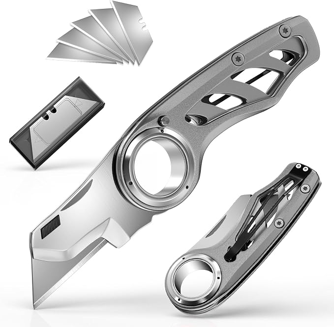 Folding Utility Knife Pocket Knife, Heavy-Duty Box Cutter with Anti Slip Finger Loop, Quick Change Blade Razor Knife, Box Cutters for Home, Office, Warehouse, Durable Razor Knife, Box Knife (Grey)