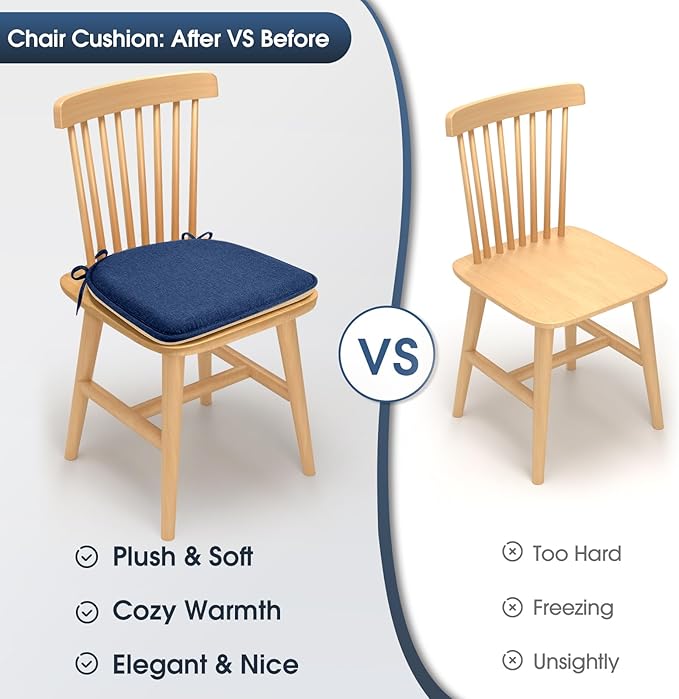 TushGuard Chair Cushions, 4 Pack Memory Foam Chair Pads, Seat Cushion, Kitchen Chair Cushions Set of 4, Anti-Slip Backing & Fixed Straps, Navy Blue