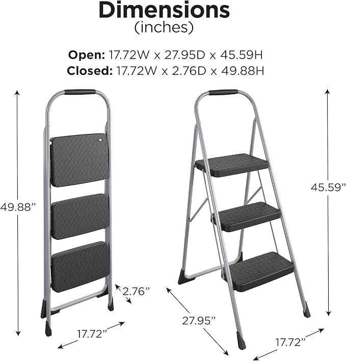Cosco 11408PBL1E Three Step Big Step Folding Step Stool with Rubber Hand Grip, Grey