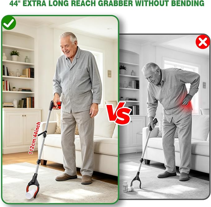 2-Pack Grabber Reacher Tool, 44" Extra Long Foldable Reacher Grabber Pickup Tool with Light, Heavy Duty Trash Picker Upper Grabber, 360° Rotating Jaw & Magnet, Lightweight Grabbers for Seniors