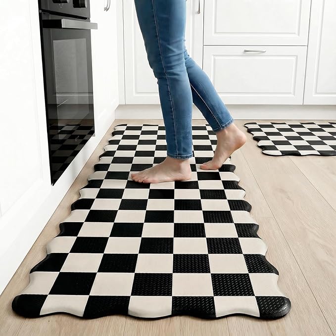 Scalloped Beige Black Checkered Grid Checkerboard Kitchen Rug Sets [2 PCs], Anti-Fatigue, Waterproof Non-Slip Kitchen Mats Heavy Duty Comfort Foam Rug for Kitchen, Floor, Laundry,17"x29"+17"x47"