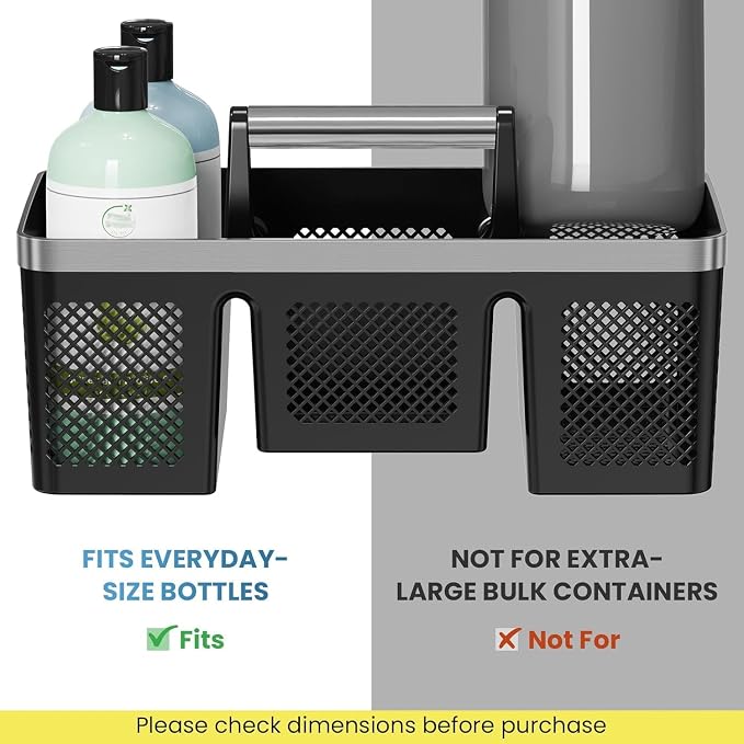 BYUNER Plastic Shower Caddy Dorm: Portable Cleaning & Shower Caddy with Handle, 4 Divided Compartments, All-Side Drainage, Rigid Plastic Basket Tote for College Dorm & Bathroom Use, Black/Silver
