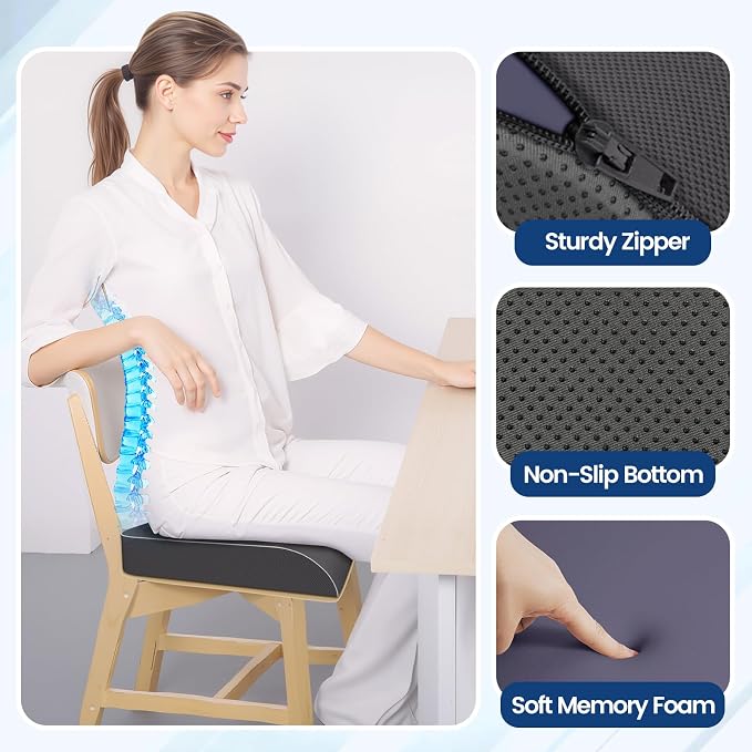 SweetSlubr Seat Cushion for Tailbone Pain Relief, Office Chair Cushion, Memory Foam Large Chair Cushion with Non-Slip Cover for Soft Support at Office Chair, Car Seat, Airplane Grey/XLarge