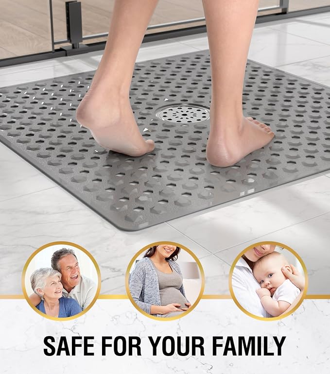 HITSLAM Non Slip Shower Stall Mat with Center Drain Hole, Diamond Textured PVC Bath Mat for Inside Shower, Machine Washable, Strong Suction Cups for Bathroom Bathtub Mat, 24x24 Inch, Grey