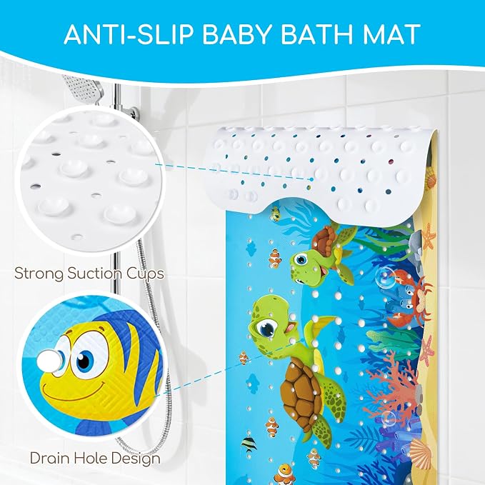 Baby Bath Mat for Tub, Non Slip Kids Bath Shower Mat, 40 X 16 Inch Large Bathtub Mat with Drain Holes and Suction Cups for Toddlers, Machine Washable and Waterproof (Turtle)