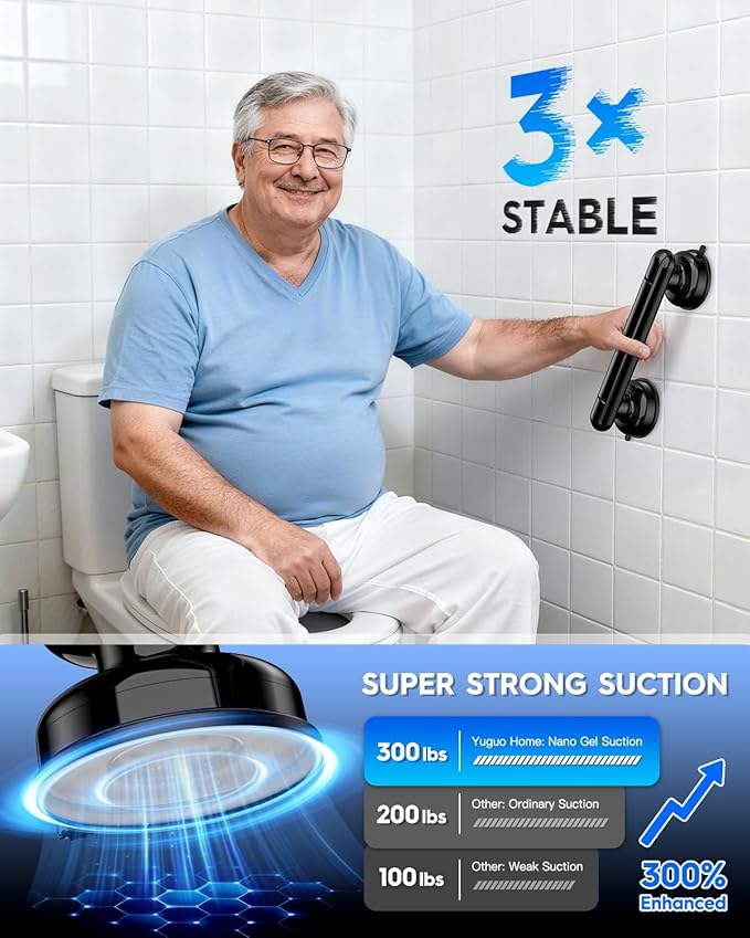 Upgraded 2-Pack Grab Bars for Shower Bathroom Wall, Heavy-Duty Suction Grab Bars Shower Handle Safety for Elderly Seniors Handicap, No Drilling Tool-Free, Easy Removal and Reusable (Black)