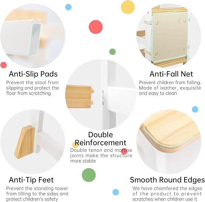 Kitchen Step Stool for Toddlers with Non-Slip Mat, WOOD CITY Wooden Kids Montessori Learning Stool Tower, Toddler Standing Tower Helper for Kitchen Counter and Bathroom Sink(White-Natural-Adjustable)