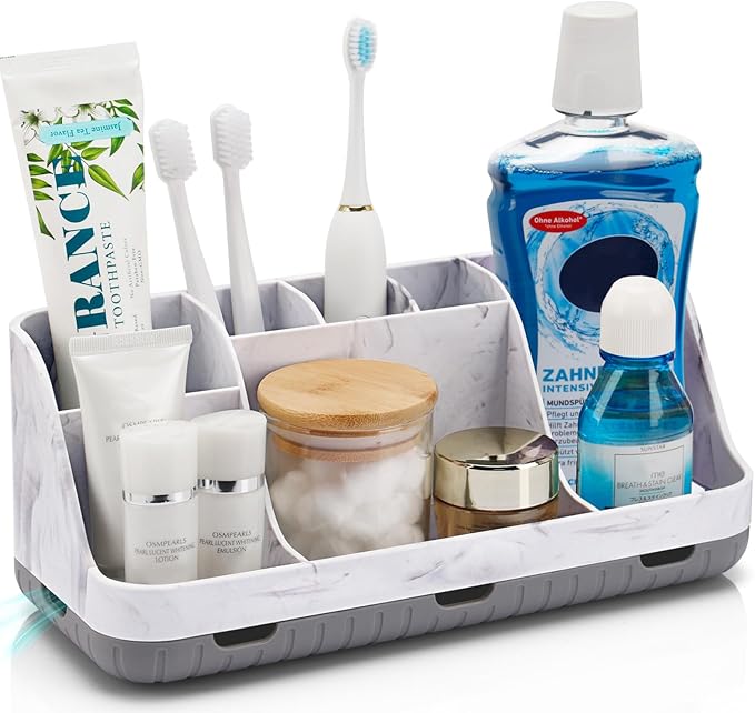 GFWARE Marble Bathroom Countertop Organizer - Detachable 7 Slots Kids Electric Toothbrush and Toothpaste Holde Drainage for Bathroom Accessories Organization Counter Vanity Storage, Grey
