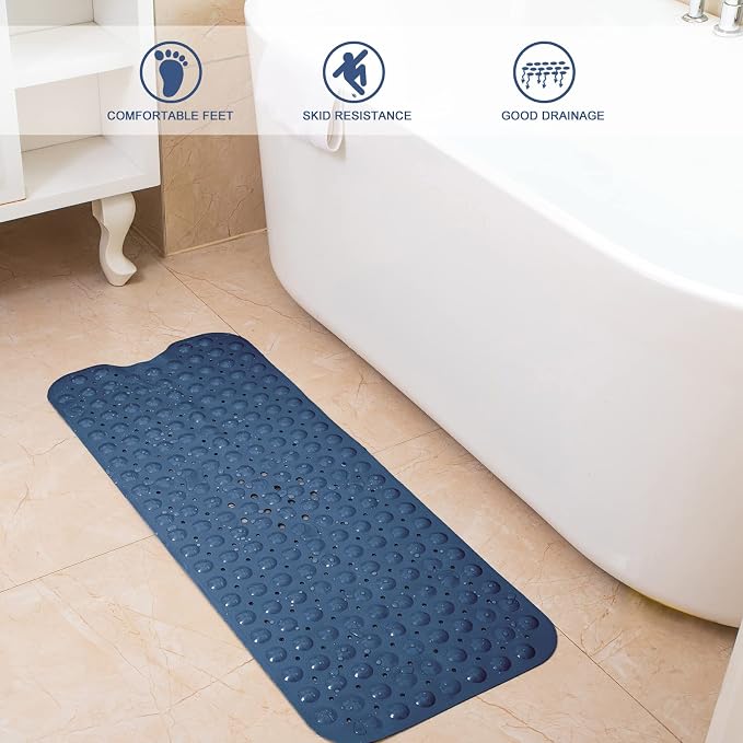 Tree Bud Bathtub Mats for Shower Tub Non-Slip Bath Mat 39 x 16 Inch Extra Long Shower Mat, Bath Tub Mat for Bathroom with Machine Washable, BPA Free for Kids (Navy Blue)