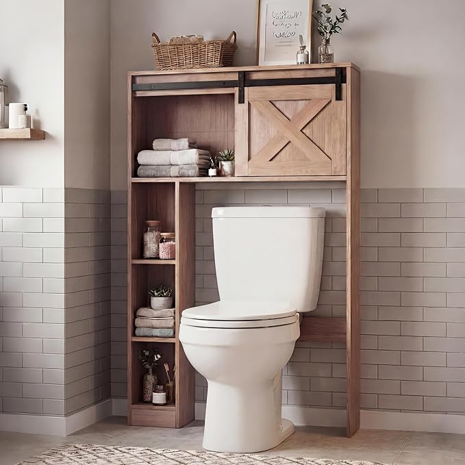 Giantex Over The Toilet Storage Cabinet - Freestanding Bathroom Organizer with Sliding Barn Door & Storage Shelves, Multifunctional Bathroom Toilet Rack for Bathroom, Restroom, Laundry (Rustic Brown)