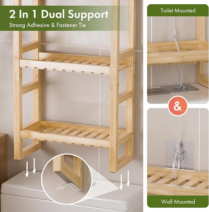 AmazerBath Bamboo Over The Toilet Storage Shelf - 3-Tier Bathroom Organizers and Storage Shelves, 2 in 1 Dual Stable Above Over Toilet Bamboo Shelf Home Storages Rack for Small Bathroom, Space Saver