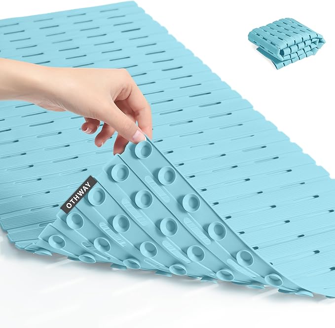 OTHWAY Shower Mat Non Slip, 36.6" x 16.9" Non Slip Soft Bath Mat for Tub, Shower Anti Slip Mat with Suction Cups, Easy to Cut Shower Floor Mat, Machine Washable Bathtub Mat, Light Blue