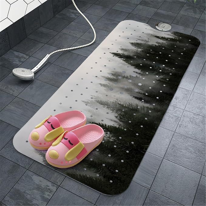 Misty Forest Bathtub Mat Non Slip, Baby Bath Mat for Tub Rubber Tub Mat, Kids Bath Mats for Bathroom Nature Trees Anti Slip Shower Mat with Suction and Drain Holes Machine Washable, 40″X16″