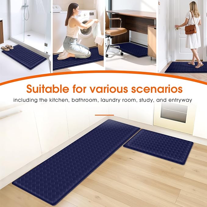 TranquilRelax Kitchen Mats, 2PCS Kitchen Rugs, Cushioned Anti Fatigue Kitchen Mats for Floor, Non-Slip Standing Desk Mat, Waterproof Kitchen Rug Set for Kitchen, Floor, Office,17.3"×30"+17.3"×59",Blue