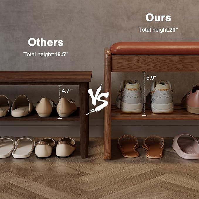 AQIMUELE Shoe Rack Bench,2 Tiers Shoe Bench with Storage with Flip-Top,Wood Shoe Rack for Entryway,Hallway（Orange Upholstered Seat,11.8" D x 23.62" W x 15.7" H）