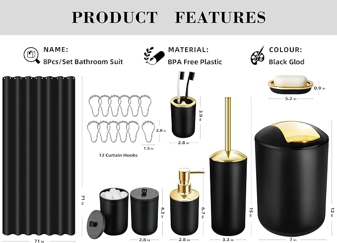 Bathroom Set, 20Pcs Bathroom Shower Curtain Sets with Hooks, Black Bathroom Accessories Set with Trash Can, Bathroom Accessories Sets Complete with Shower Curtain Set, Bathroom Accessory Set