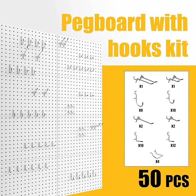 Spampur Peg Board, 8 Pack Metal Pegboard Panels with 50 Hooks, White Pegboards Wall Organizer, Peg Board for Walls Home, Garage Tool Storage, Office Organization, Craft Room