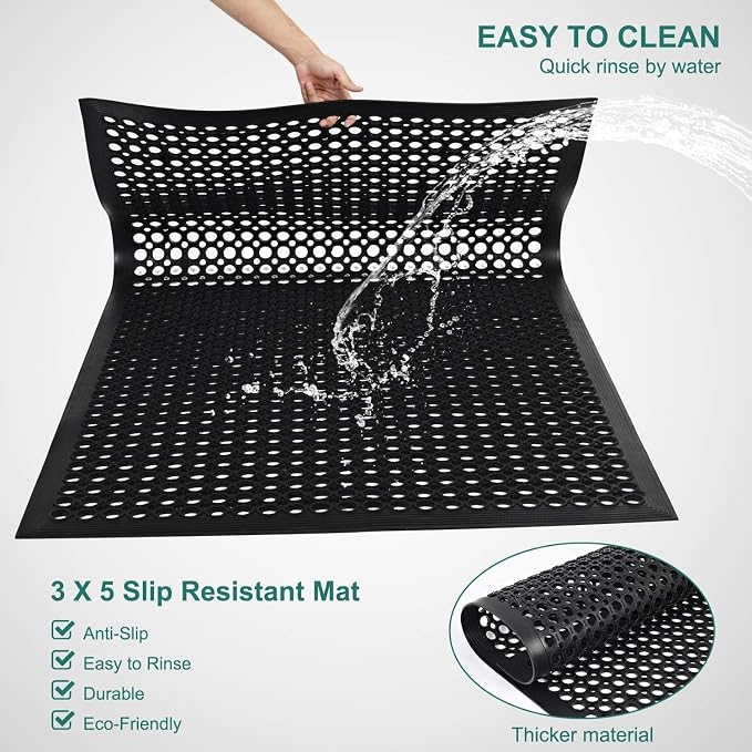 Anti Fatigue Rubber Mats - 2 Pack Restaurant Kitchen Non-Slip Bar Floor Entry Door Drainage Mats - Indoor/Outdoor Use - 36 x 60 Inches
